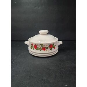 Sheffield Strawberries 'n Cream Sugar Bowl & Lid / Indiv Casserole Vtg Stoneware